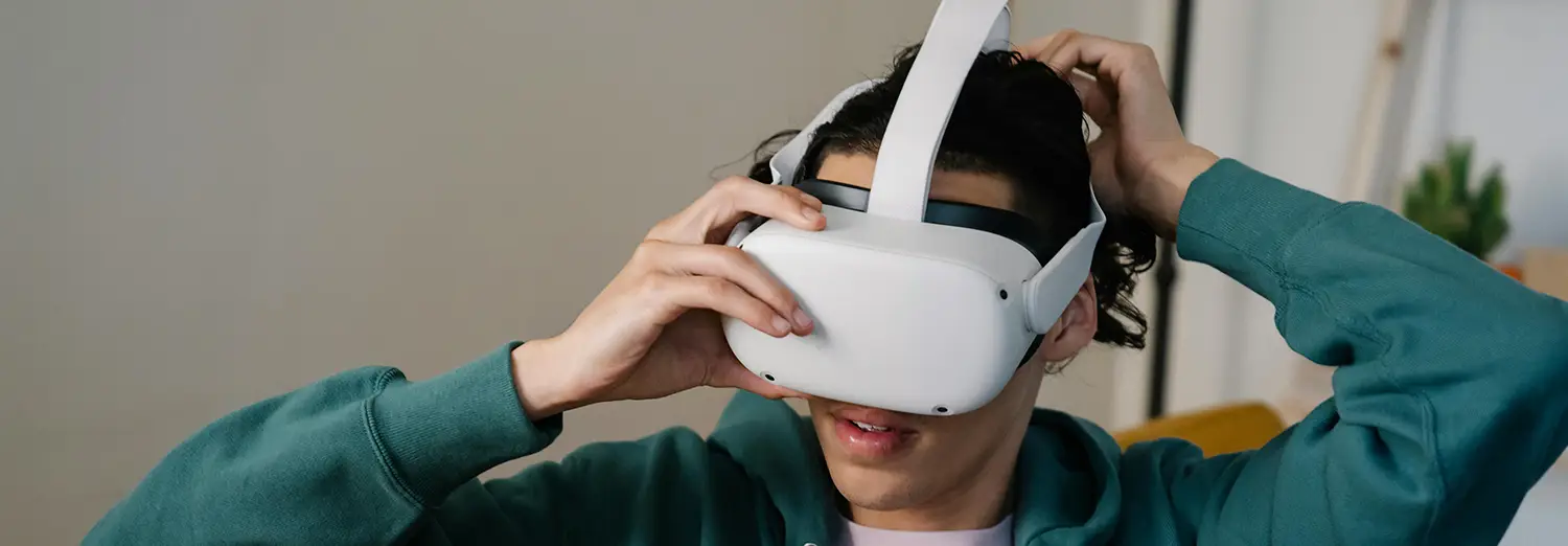 product photography of VR headset worn by user for immersive experience