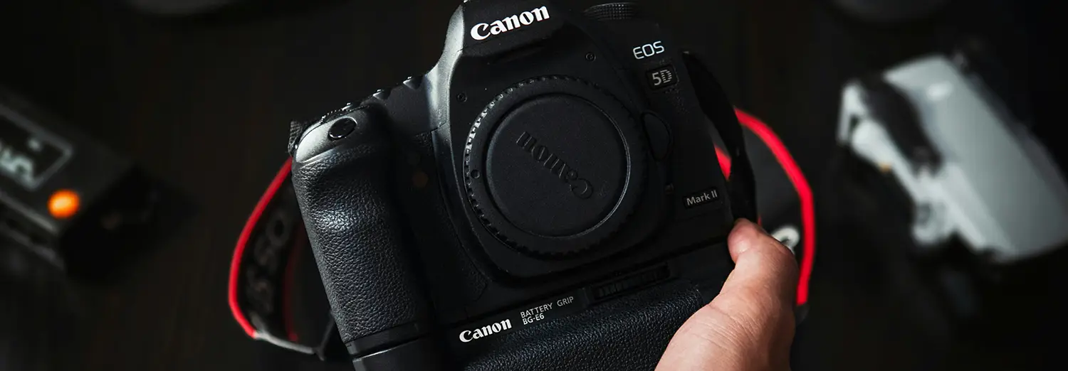 product photography of Canon DSLR camera highlighting lens details