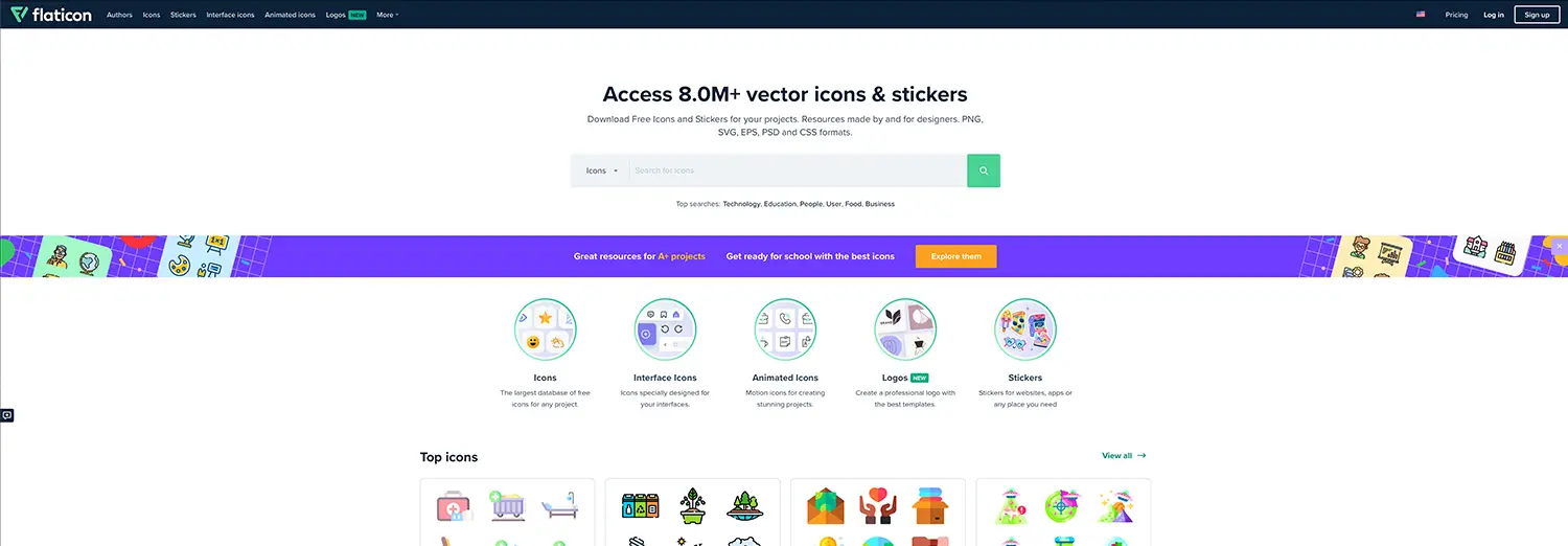 graphic design website showcasing vector icons and stickers