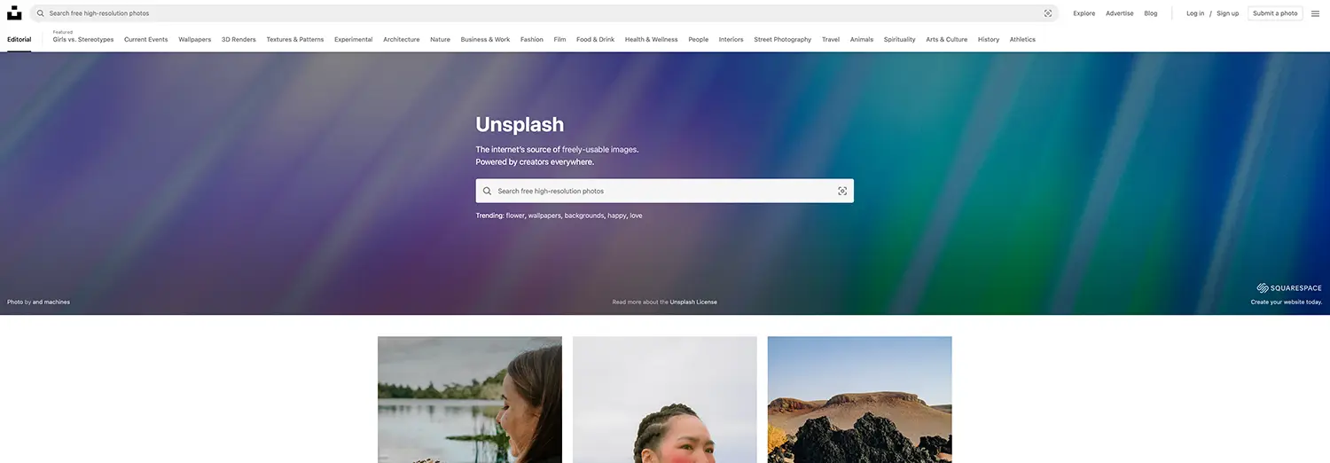 unsplash website homepage for free stock images in graphic design projects